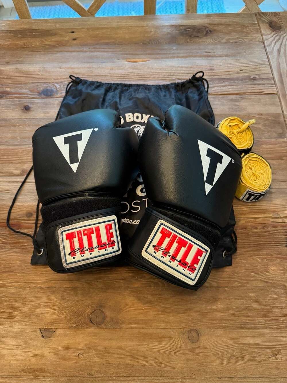 Title Classic Boxing Gloves 14oz Black and Red with Hand Wraps